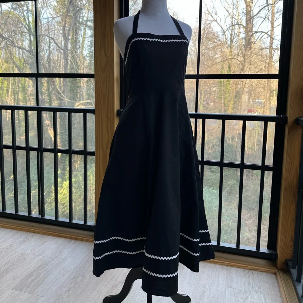 Cynthia Rowley Black Cotton Halter Sundress Circle Skirt RickRack Whimsigoth ~ M - Picture 4 of 15